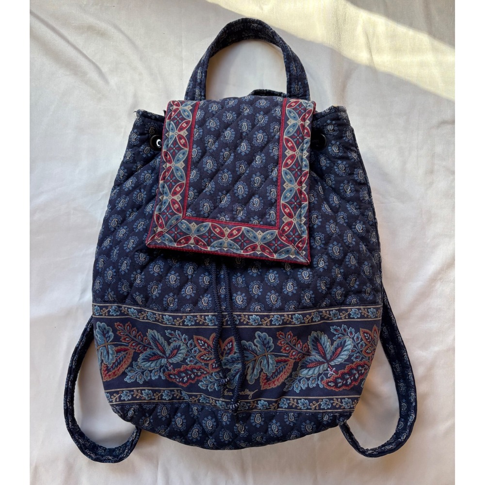 Vera Bradley Vintage Quilted Cotton Backpack Navy Blue Paisley Floral Drawstring